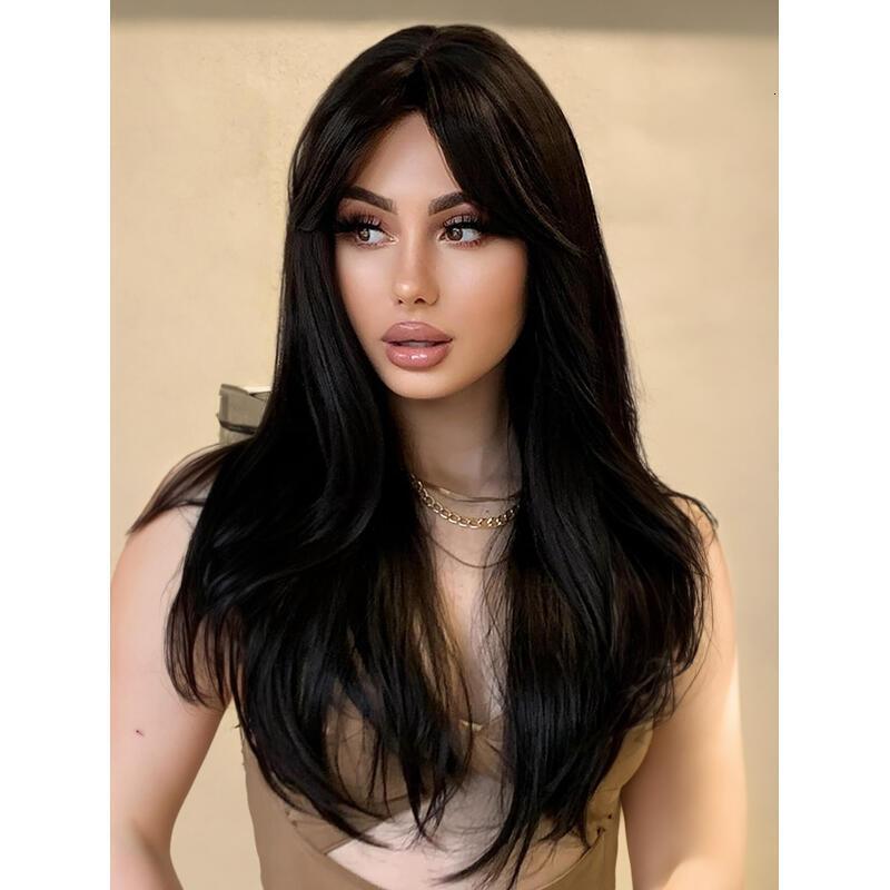 18inch en brown With Bangs Long Wavy Curly Glueless Fringe Unit Heat Resistant Synthetic Middle Part Full hine Made No Lace Scalp Costume Cosplay Hair