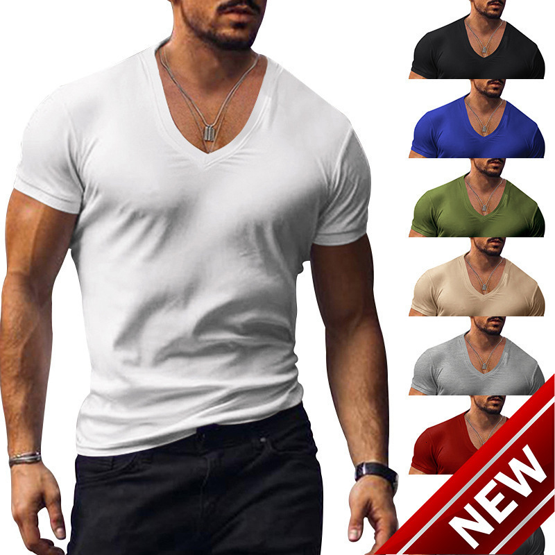 Mens summer mens V-neck solid color slim fit casual short sleeved top