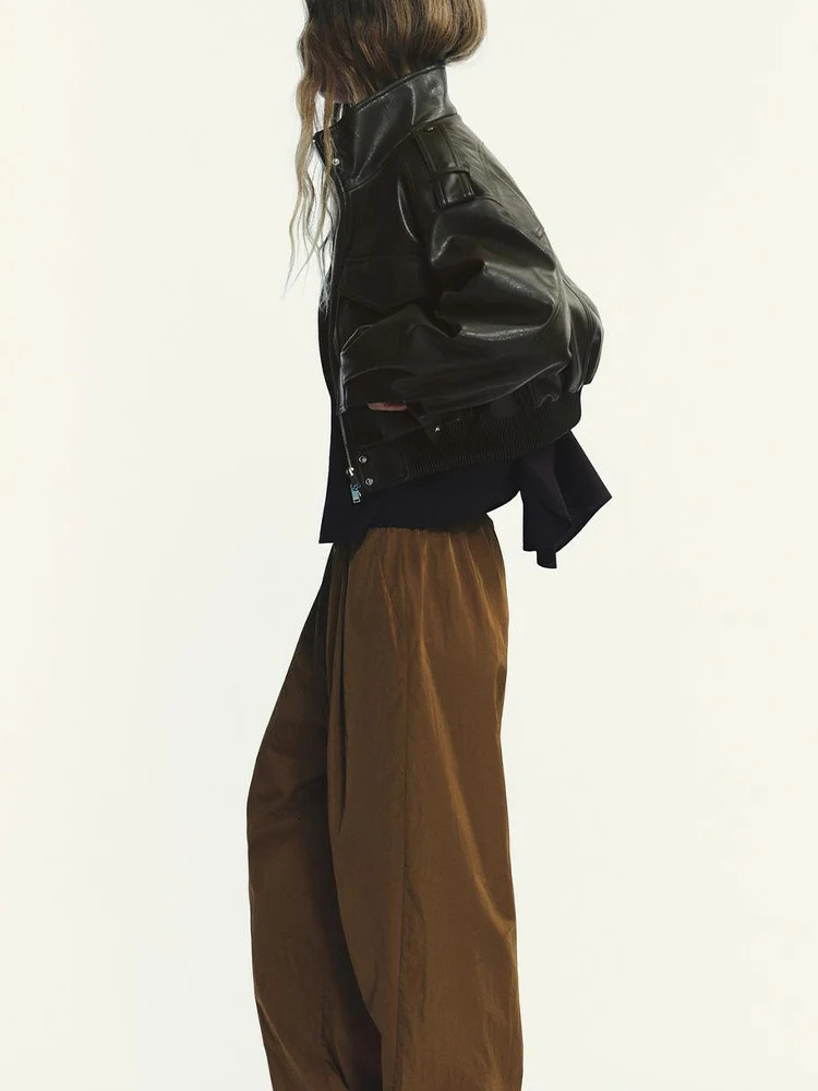 European and American style autumn womens clothing versatile leather stand collar long sleeve short jacket 251103