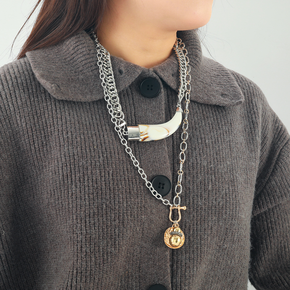 Trendy Cow Horn Multi Layer Necklace With Pearl Inspired Geometric Design Womens Beach Accessories Punk Chain