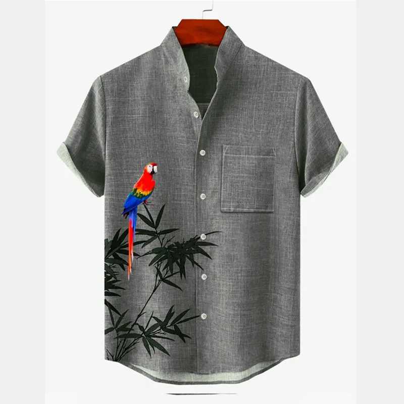 3D printing mens shirt linen shirt pattern printing parrot leaf standing collar white light green purple green gray outdoor street X250410