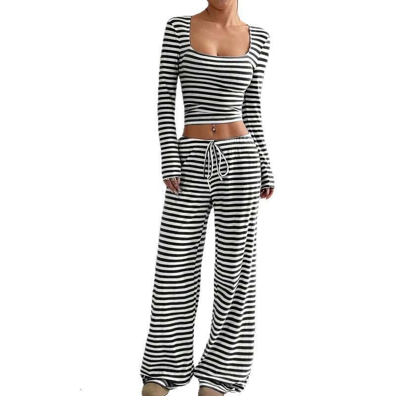 New Autumn and Winter High Quality Cross-Border Style Foreign Trade Women's Casual Loose Striped Knitted Suit for Women