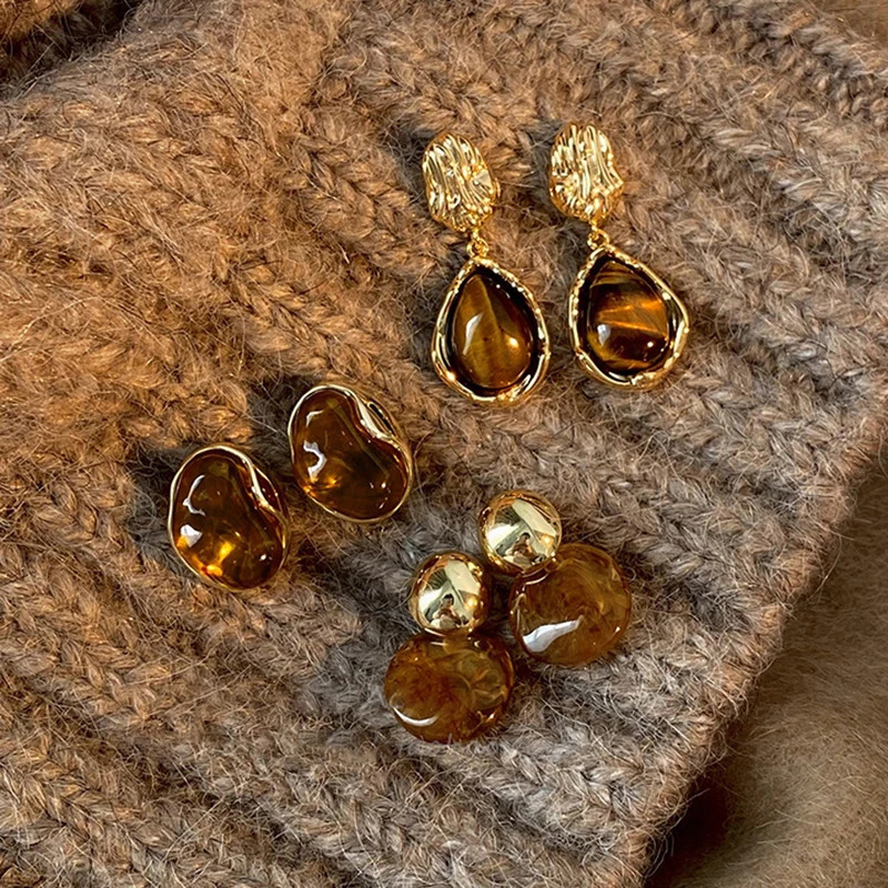 Vintage Brown Resin Tiger Eye Stone Dangle Earrings for Women Fashion Silver Needle Earring Personality Melard Color Jewelry 250409