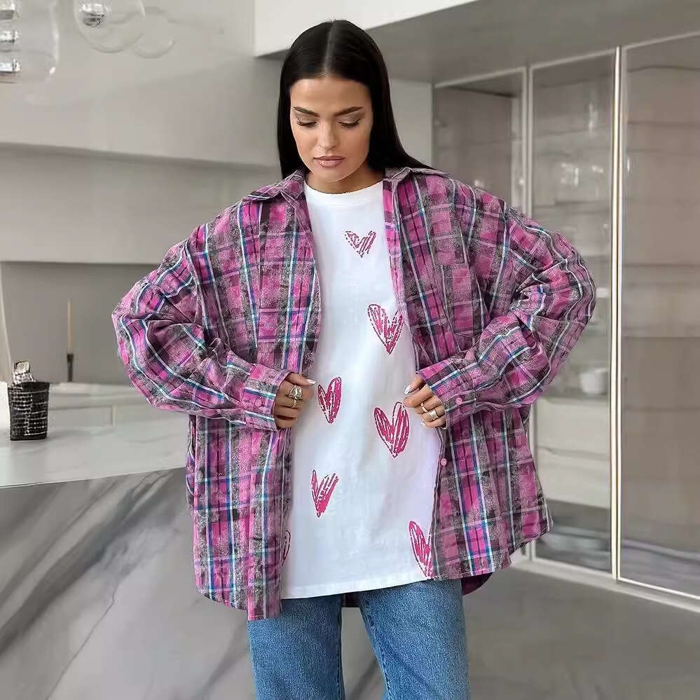 2024 New European and American Retro Plaid Long Sleeve with Unique Design, Loose Casual Shirt Jacket for Women in Spring