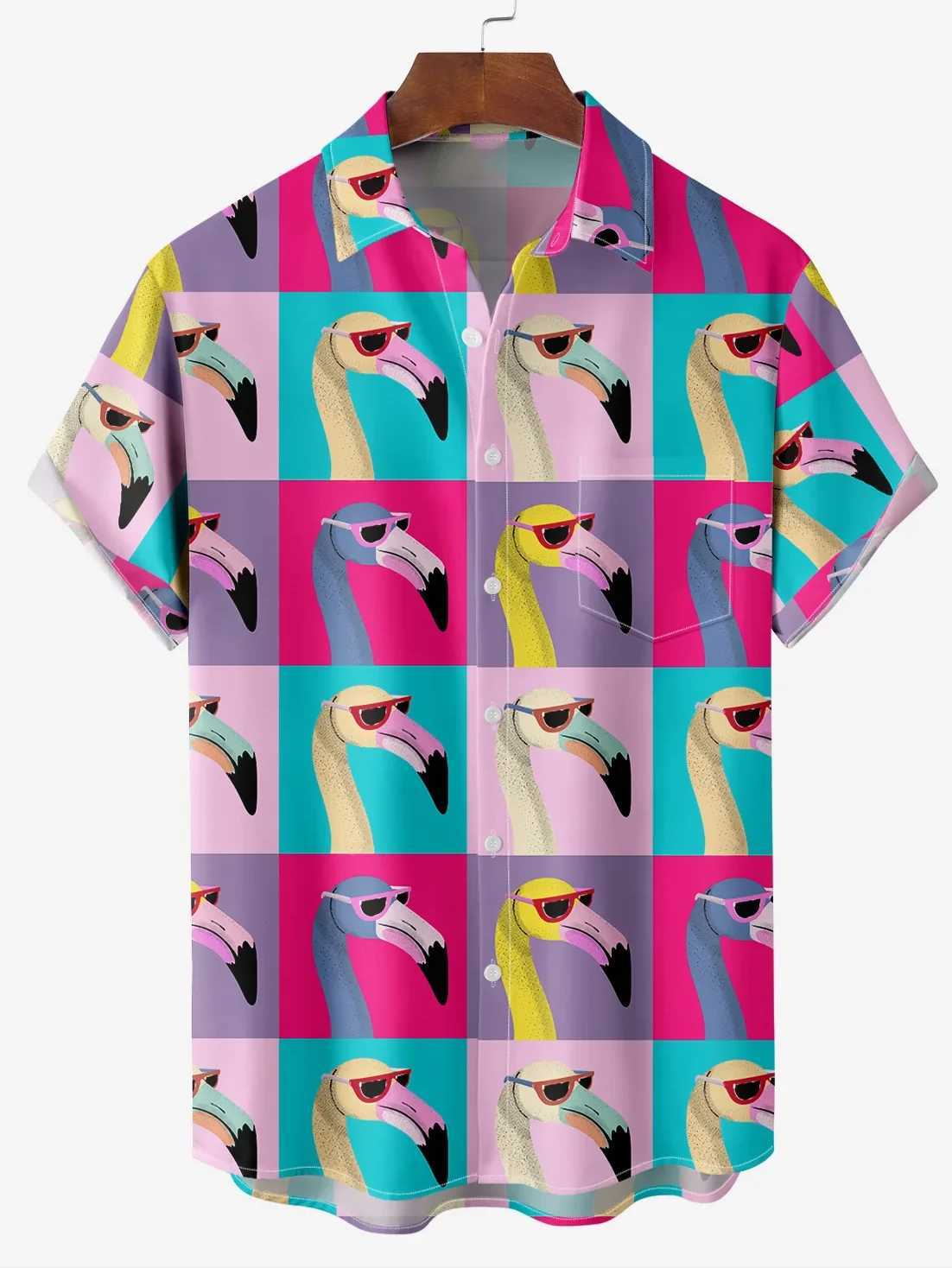 Flamingo Animal Hawaiian Shirt 3D Print Turndown collar Hawaiian shirt mens fashionable short sleeved beach shirt X250410