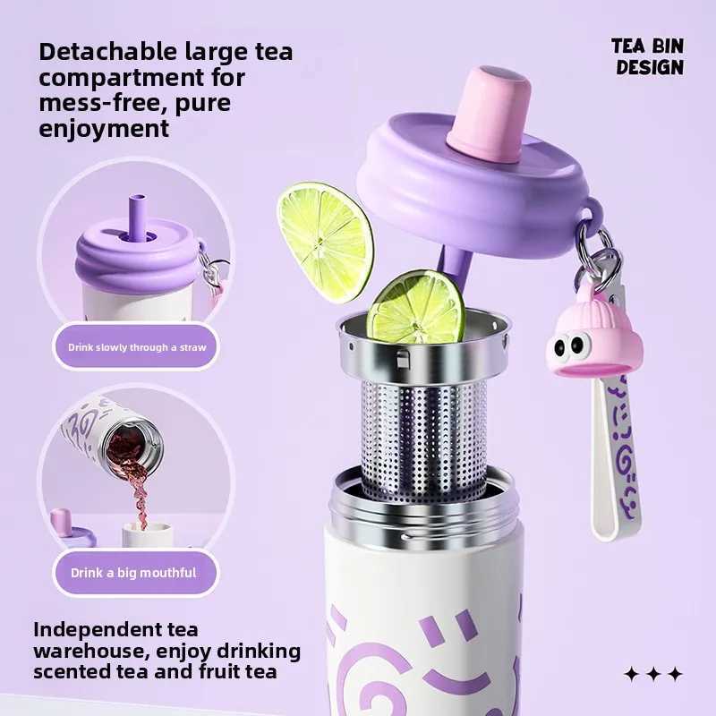 Fashionable cup COOKER KIN Children Cute 316 Stainless Steel Thermos Cup Student Kit Portable 600ml Large Capacity Straw Cup ple Y251110