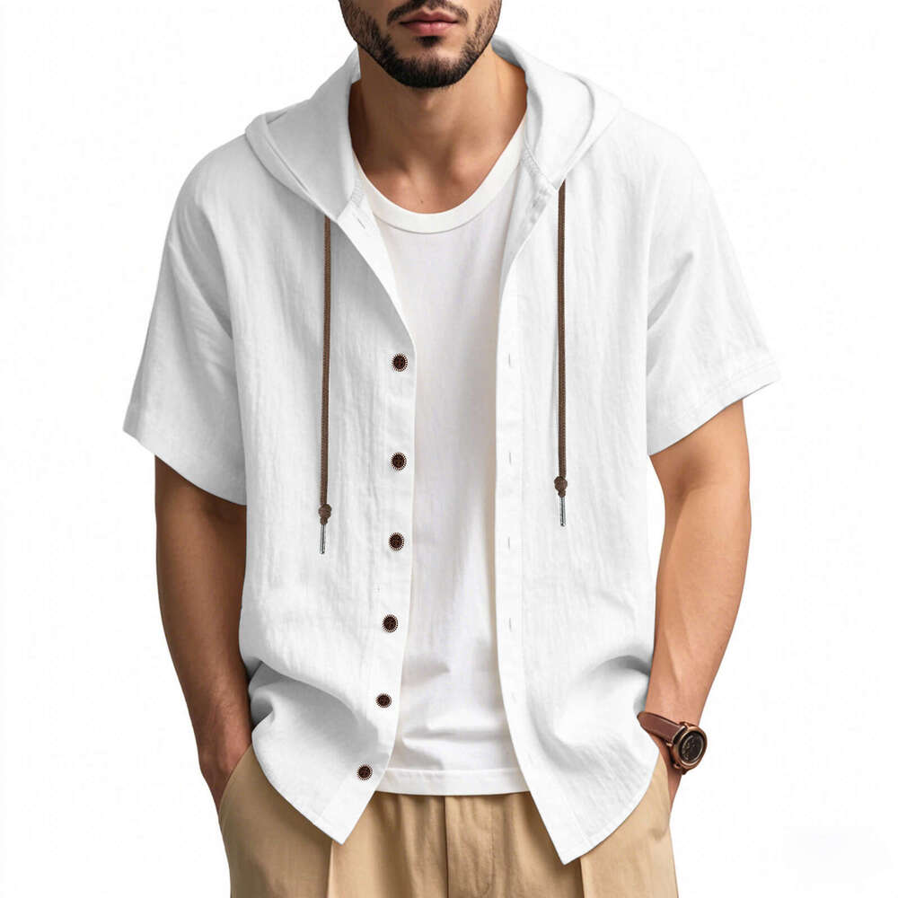 Cross-Border Amazon American Style Summer Men's Thin Breathable Linen Loose Hooded Short Sleeve Shirt for Men