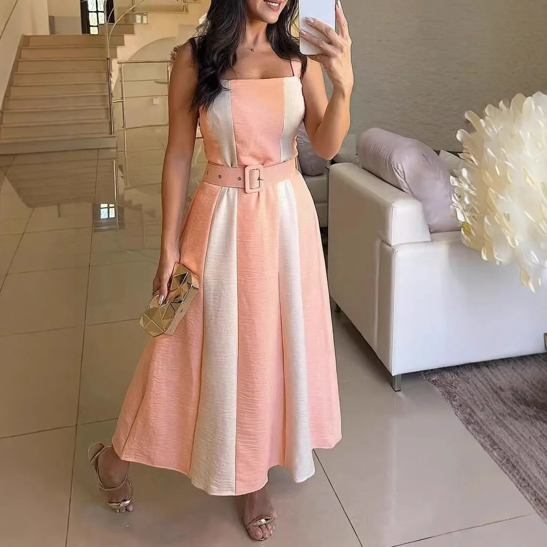 ultra-thin elegant womens Maxi dress fashion comparison with sleeveless long sleeved womens vest casual office womens dress 250409
