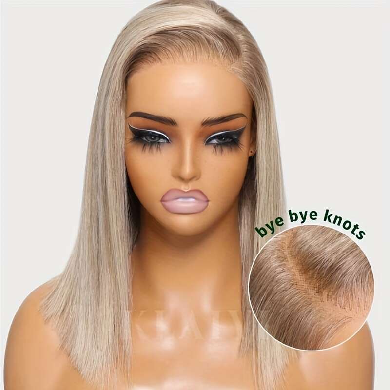 Klaiyi Blonde With Brown Root Wigs Short 7X5 Bye Wig Ready To Wear, Versatile Wig, Quick Hairstyle, Straight Hair, Bob Cut, Realistic Knots