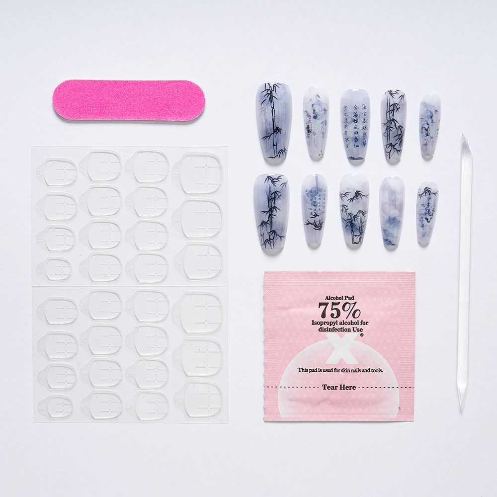 0Pcs Bamboo Chinese Style Fashion nail polish Poetry Painting Design Press Nail Set Reusable Full Cover Acrylic Nail Art W250410