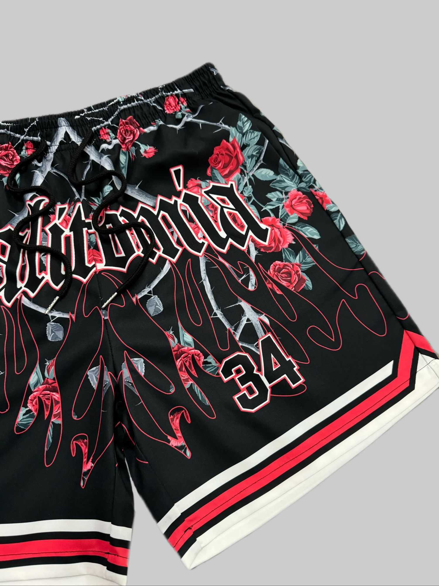 3D fashionable rose and flame printed drawstring shorts with flat top fashionable summer shorts with pockets suitable for basketball sports X250410