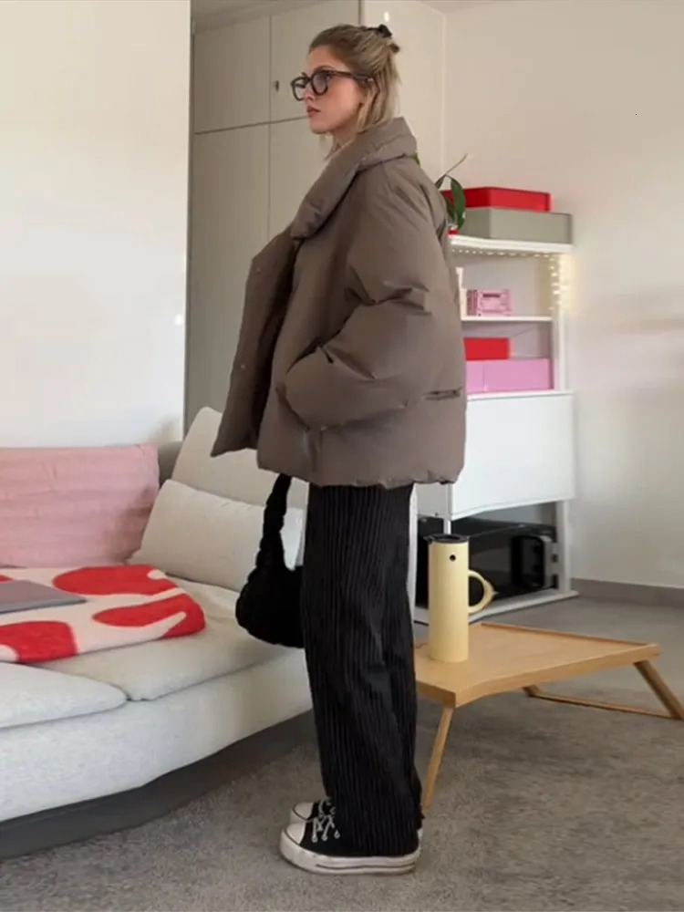 Stand Collar Women Padded Jacket 2025 Autumn Winter Covered Button Loose Female Long Sleeve Jackets Office Lady Street Short Top 251107