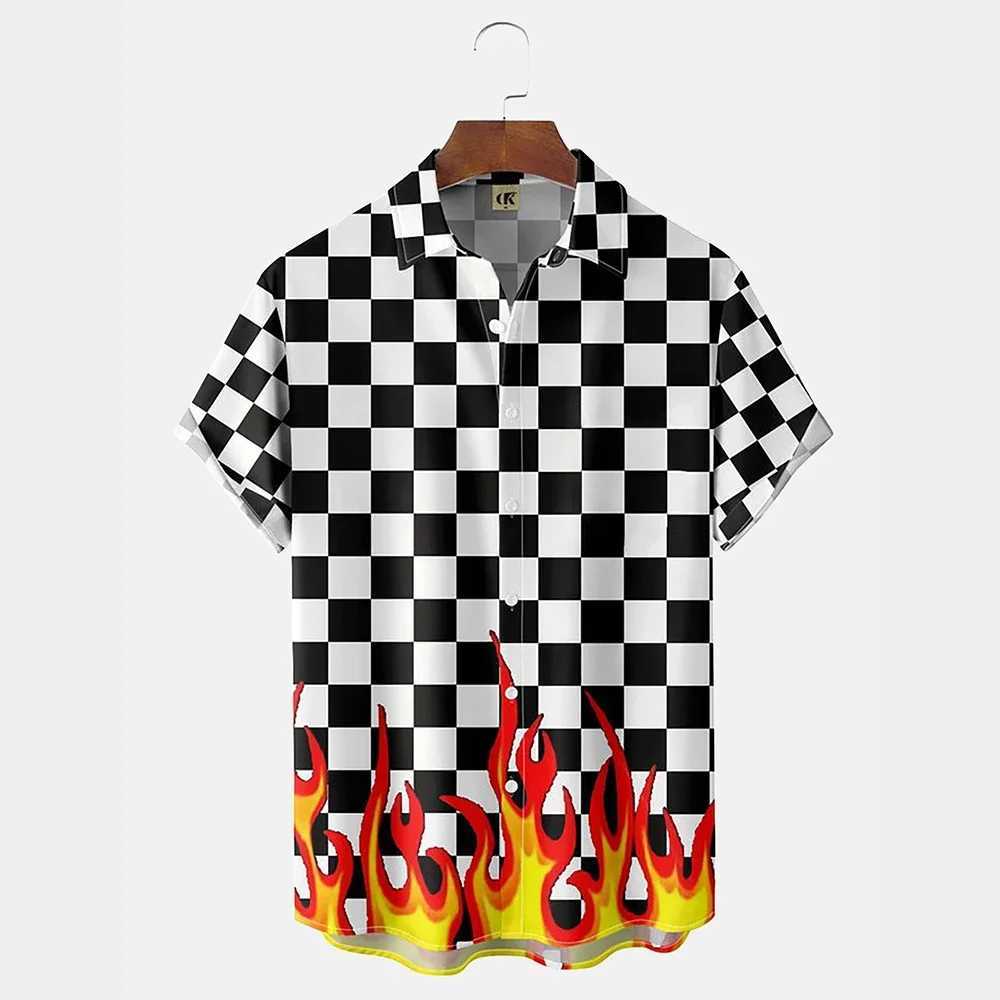 Mens flame printed shirt Hawaii casual short sleeved top fashion beach vacation lapel shirt mens summer oversized clothing X250410