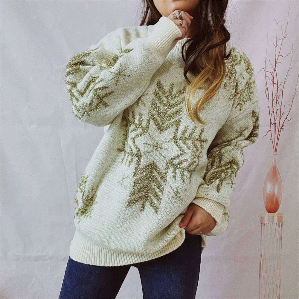Loose Gold Thread Big Snowflake Christmas Sweater Round Neck Long Sleeve Thickened Pullover For Women Casual Trendy Pulls Femmes Designer Sweater Wome