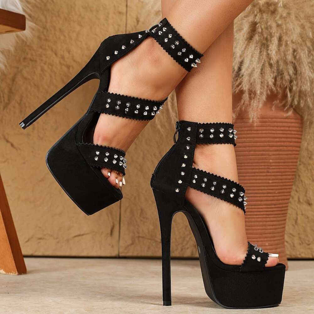 996-201 Black Velvet Lyndon Decorative Zipper Open Toe Quality Thin High Heel Fashion Sandals 35-42