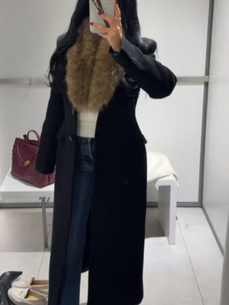 Detachable Fur Collar Woolen Overcoat Women Solid Lapel Waist Cinching Full Sleeve Long Coats 2025 Lady Commute Street Wear 251105