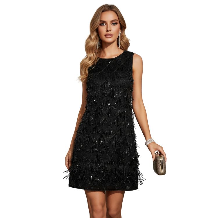 Elegant Womens Mini Evening Gown with Sparkling Seaming Details - Multiple Color Options---D105