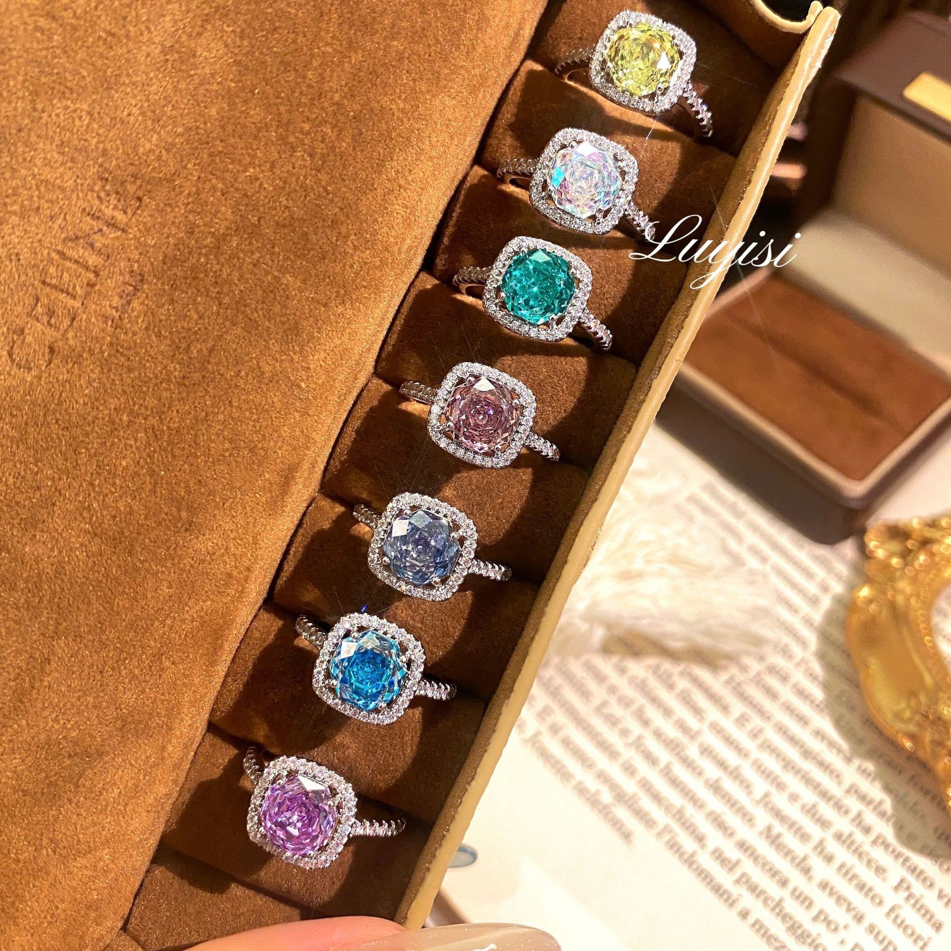 Hot Selling Popular Designer Ring Octagonal Millennium Rose Cut Fashion Ring Aquamarine Ring Light Luxury High-end Inlaid High Carbon Diamond Square R