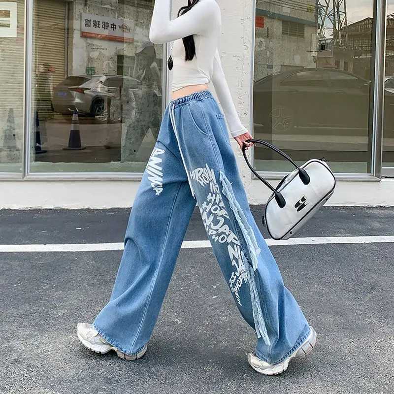 Autumn American Vintage Y2K Street Style Jeans Womens Elastic Waist Drawstring Wide-leg Long Pants Casual Graffiti 2000s Jeans C251110