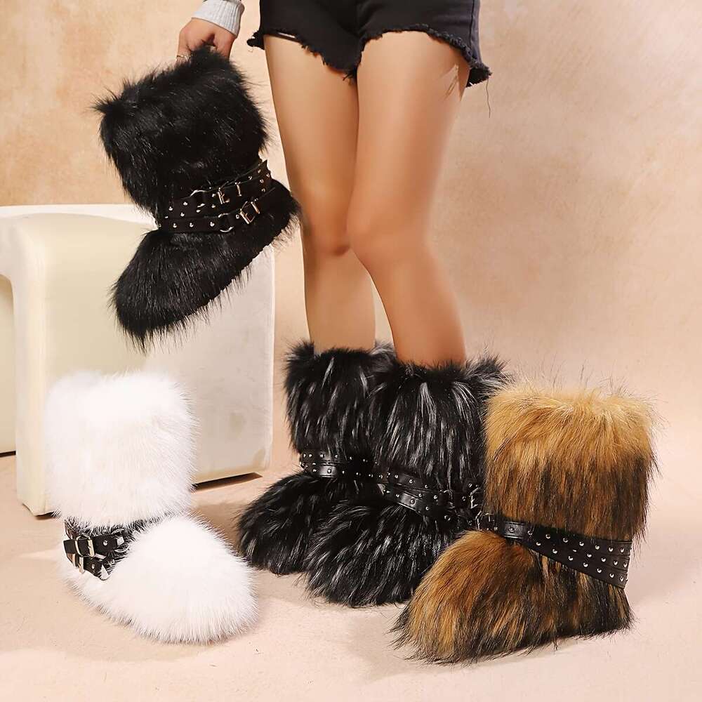 Women's Faux Fur Winter Warm Boots - Cross Strap Design, Mid-Calf Round Toe Slip-On, Non-Slip Rubber Sole With Fleece Lining, Available In Black/