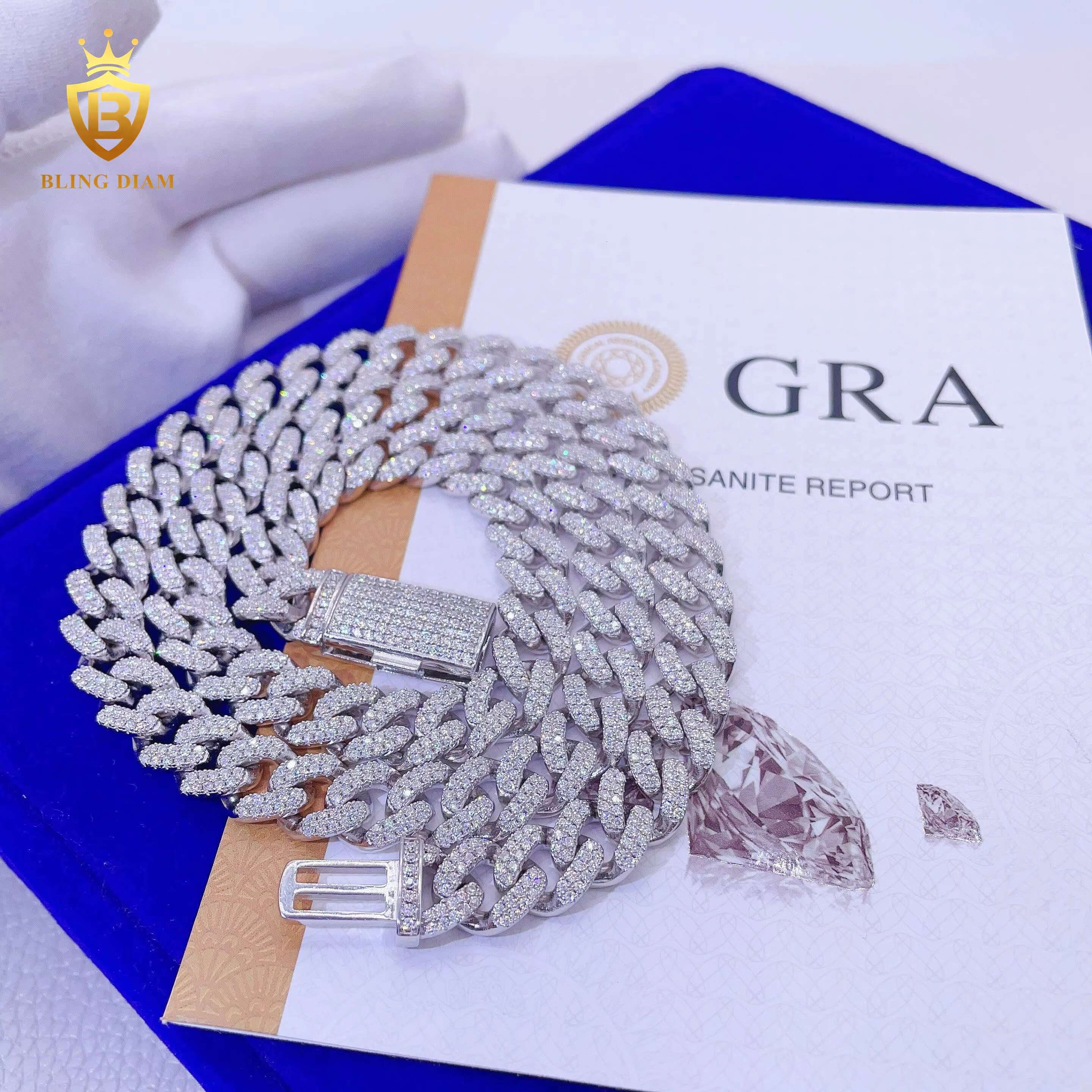 Blingdiam Jewelry Pass Diamond Tester Fashion Men Women 925 Sterling Silver 2rows VVS Moissanite Cuban Link Chain