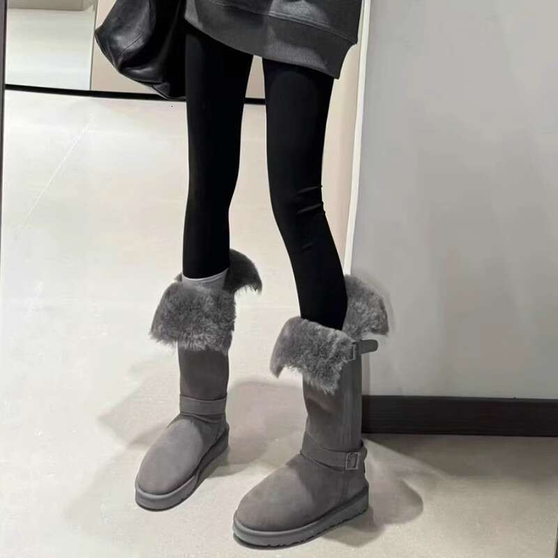 Woman Sandals Grey New Round Toe Boots With Flat Bottom And Plush Midsole Snow Fur Cotton Shoes For Women