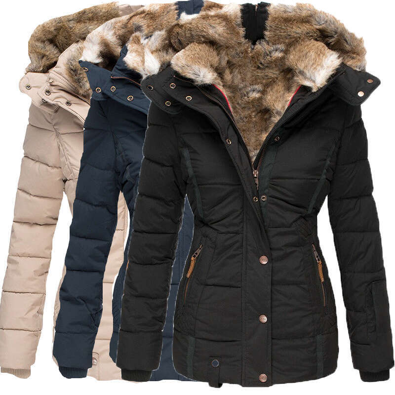 New Winter Warm Fur Collar Jacket for Women Zipper Long Sleeve Slim Fit Cotton Coat with Hood