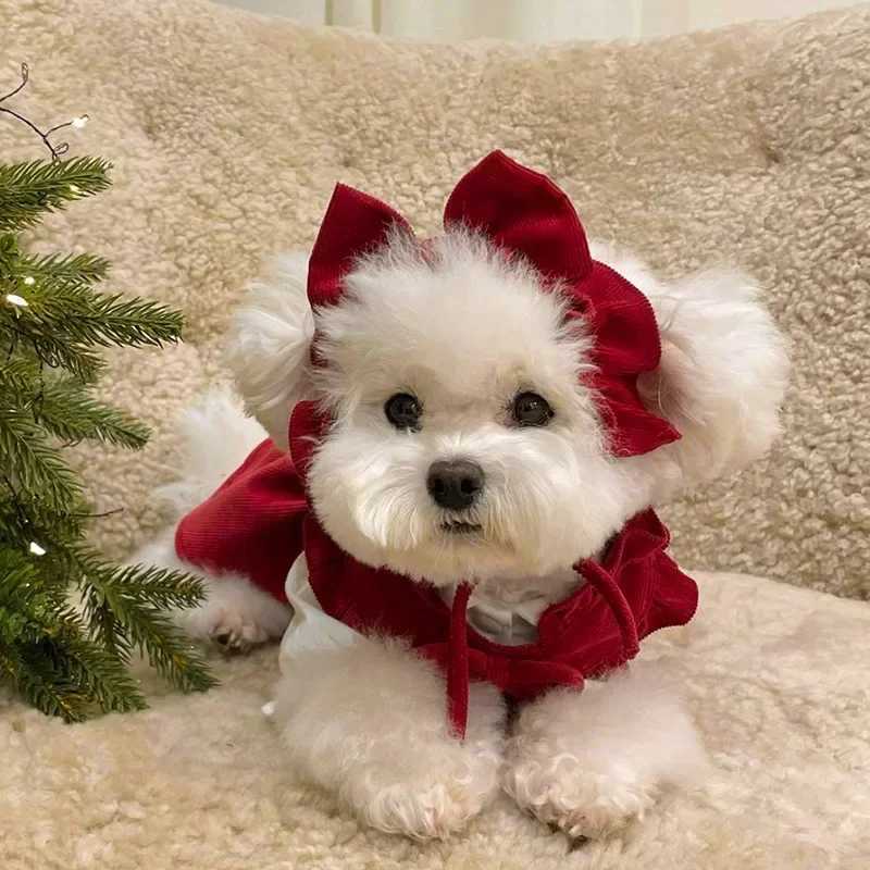 Puppy Bow Knot Dress Set Winter Warm Dog Clothes Pet Christmas Princess Dress Teddy Solid Color Skirt Send Clip J251110