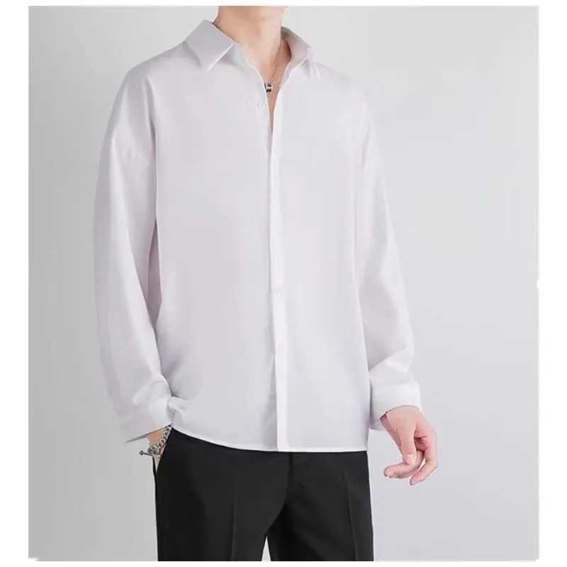 Advanced mens ice silk shirt for spring and summer thin luxurious loose Korean business shirt solid fashionable pleated dress jacket B0142 X250410