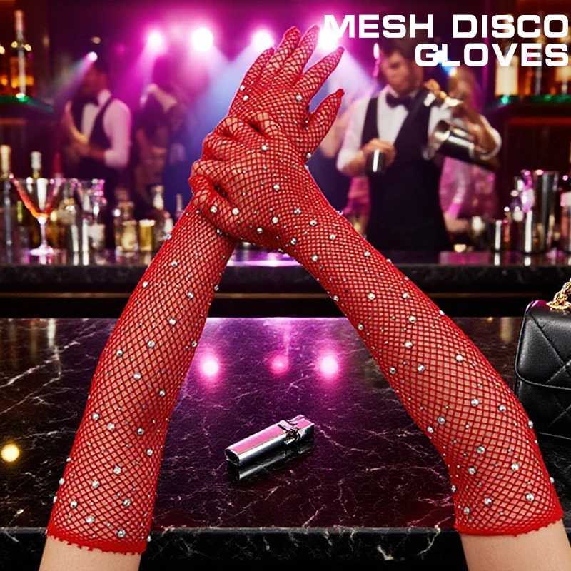 Black White Red Long Mesh Gloves With Rhinestones Hollow Fishing Net Womens Gloves Finger Fancy Cosplay Fishnet Gloves L251110
