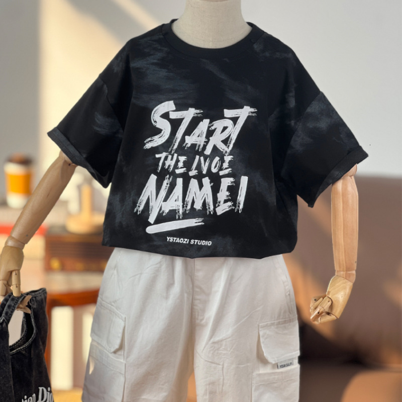 GS- Ddmyshoesvip Children S Thin Style Boys Short Sleeved Top New Girls Letter Round Neck Summer Clothes Big Children S T Shirt A