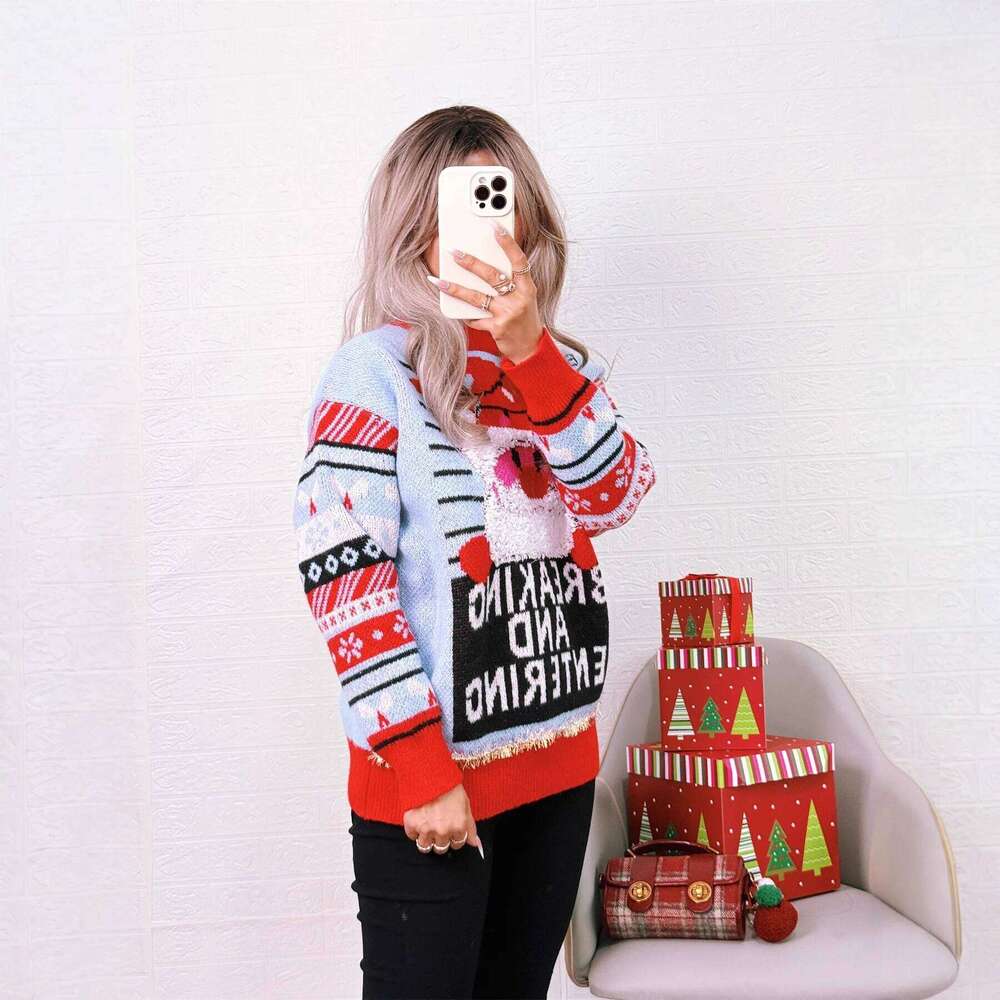 2025 Autumn Winter Christmas New Jacquard Knitted Top Round Neck Color-Block Casual Unique Sweater Designer Sweater Women
