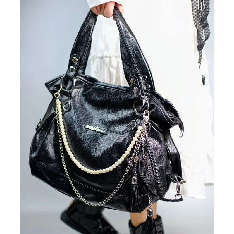Ichme Y2k Women Tote Fashion Punk Moto Style Chains Tassel Shoulder Bags Beading Large Capacity Multi Pockets Bolso Mujer