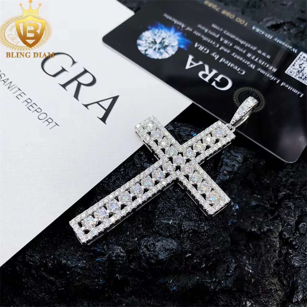 GRA Certificate Hip Hop Jewelry 925 Sterling Silver Iced Out Moissanite Cross Pendant Pass Diamond Tester