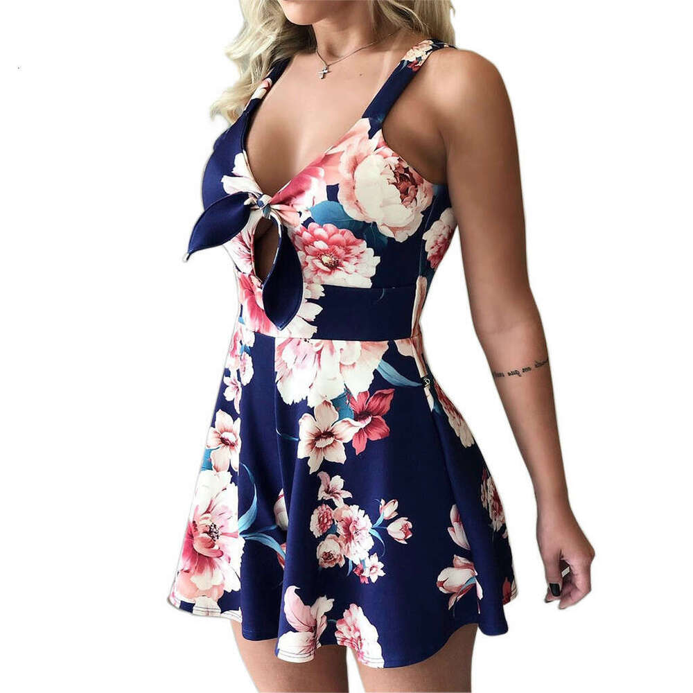 2024 New European and American Cross-Border Sexy Strap Chest Bow Tie Printed Loose Jumpsuit Shorts