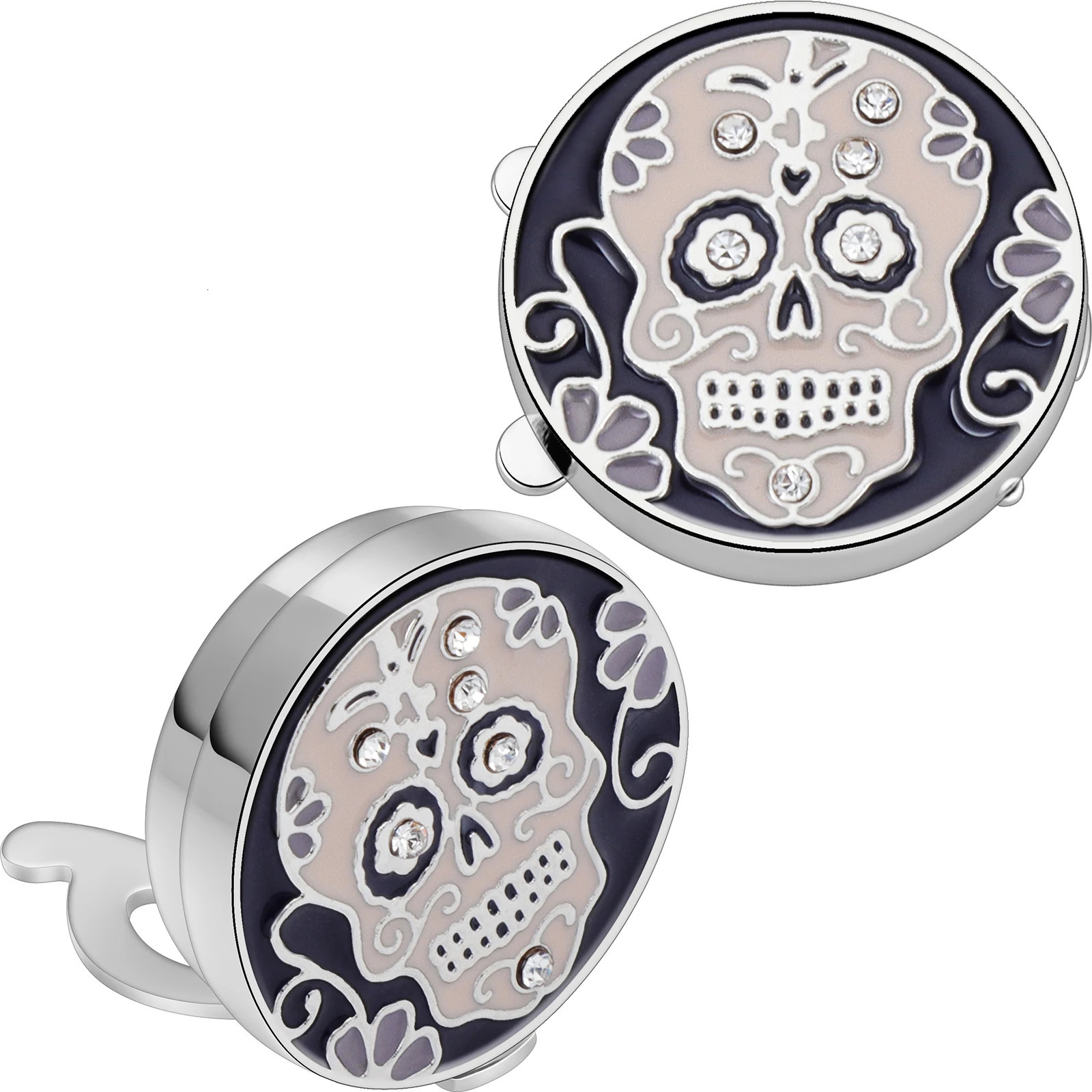 Skull Crystal button cover for men shirt mens fun shirt cufflinks black enamel skeleton cufflinks with gift box 250409