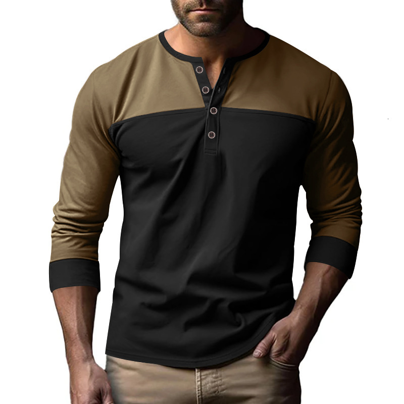 2025 autumn new American long sleeved color blocked Henry collar base shirt casual T-shirt for men