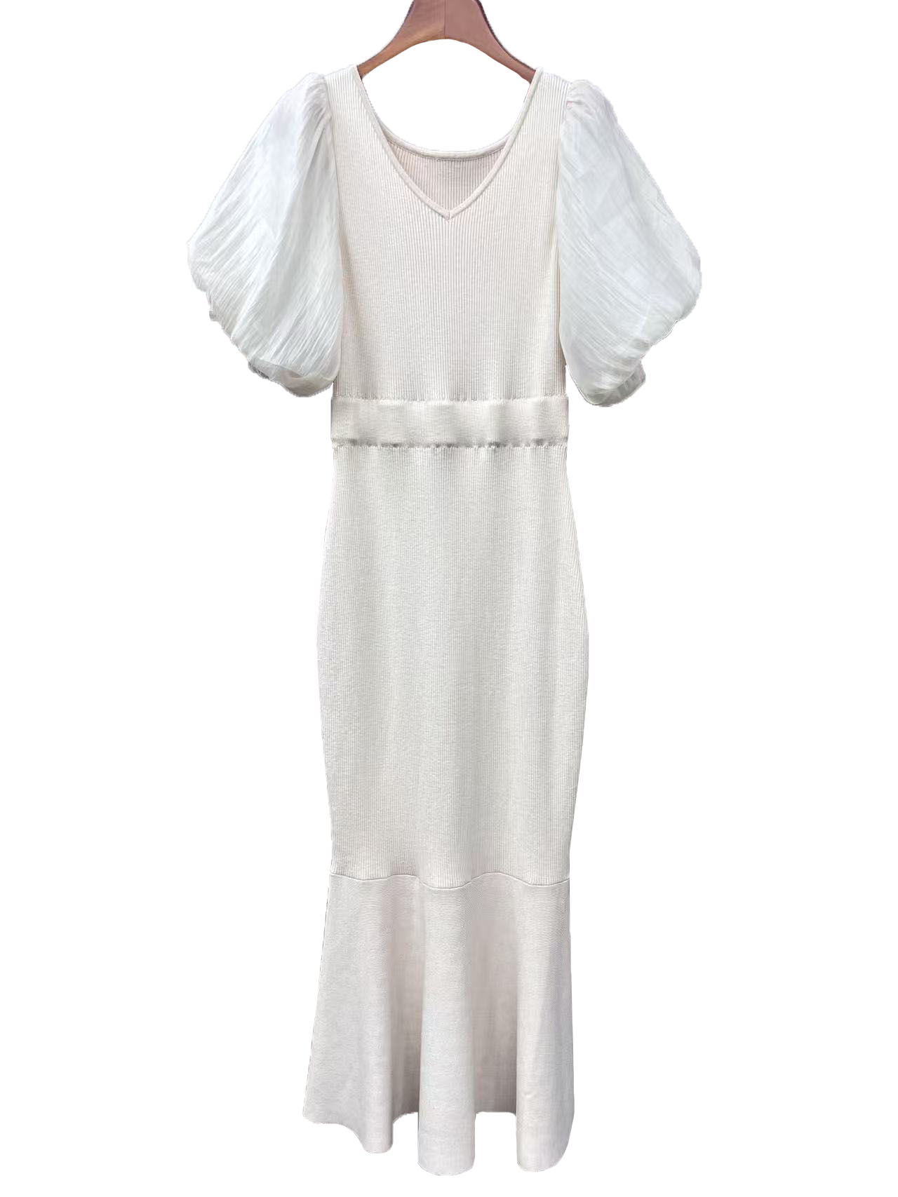 V-neck waist cinching bubble sleeves slimming fish tail long skirt