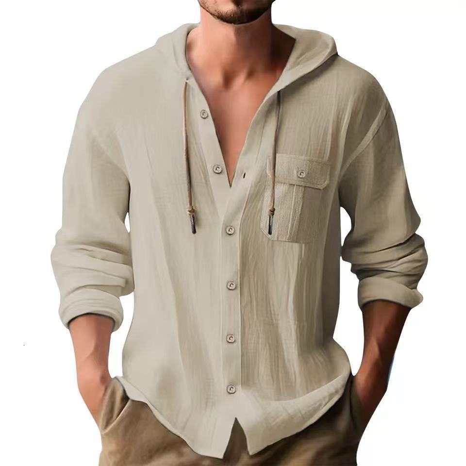 Cotton and linen button three-dimensional pocket long sleeved spring and autumn mens beach casual shirt