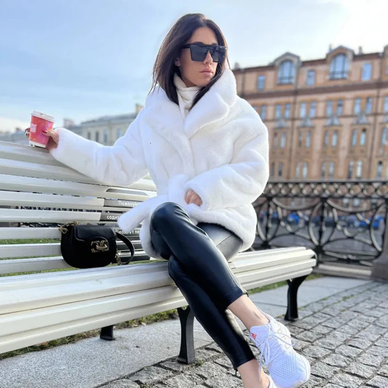 Women Winter Faux Fur Coat Thick Warm Middle Long Overcoat Turn Down Collar Plush Female Casaco Feminino 251110