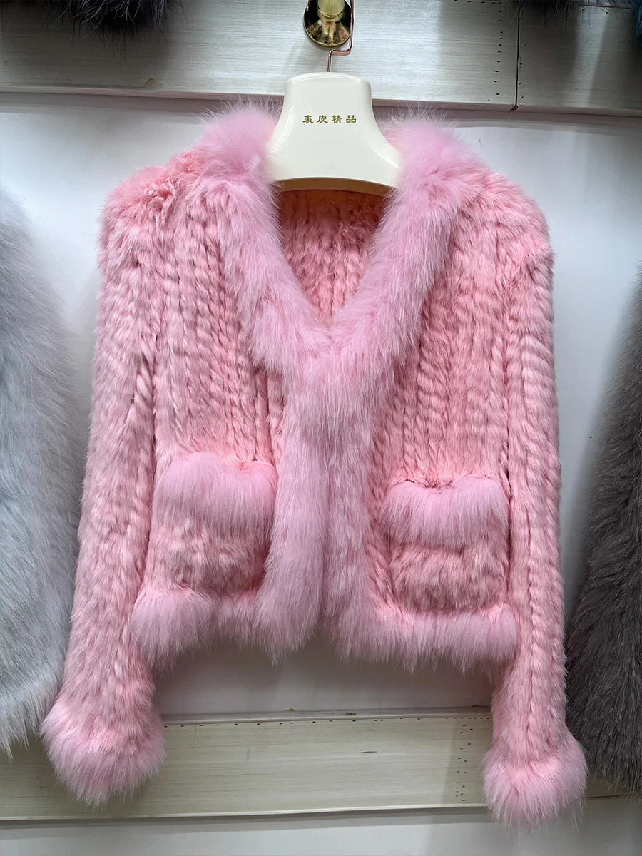 Fashion Natural Rabbit Fur Coats Knitted Womens Real Fox Jackets y Woman Clothing Outwear 251110