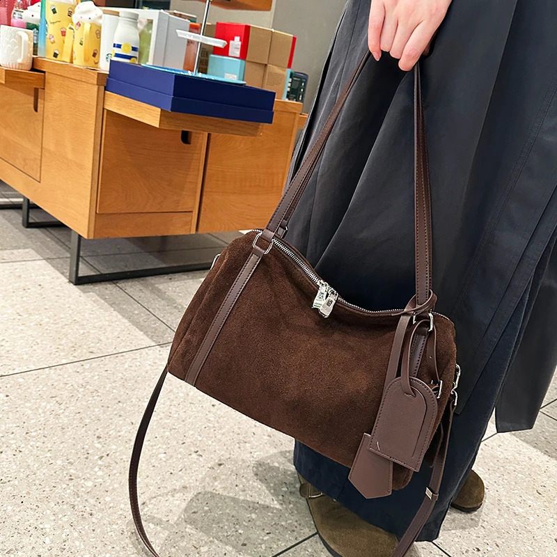 Winter Womens Natural Suede Leather Bag Female Frosted Cowhide Durable Handbags Ladies Large Capactiy Shoulder Bag 251106