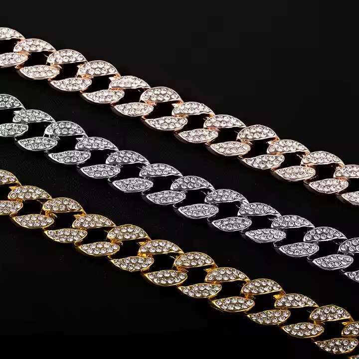 Iced zinc alloy and pearl rhie hip-hop 15mm wide Cuban chain necklace bracelet accessory set