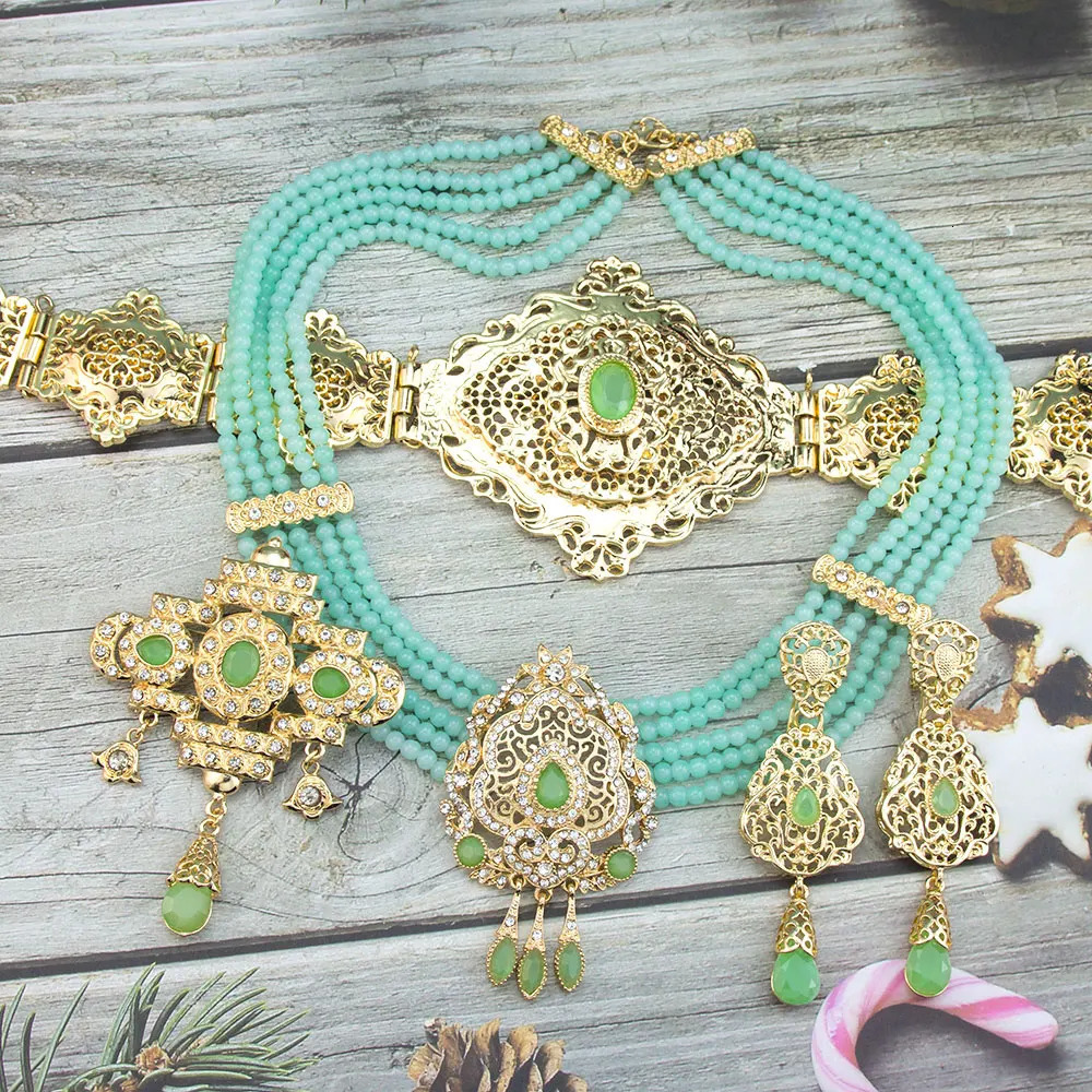 Sunspicems Gold Color Morocco Caftan Belt Waist Chain Women Beads Chain Choker Necklace Long Earring Arab Bridal Wedding Jewelry 250409