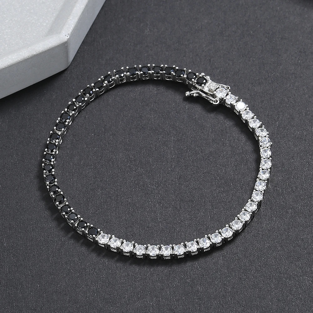 m S925 Silver Tennis Bracelet Pave Black Mix White Cubic Zircon 16-21CM Hiphop Rock Solid Fine Jewelry For Women/Men 250408