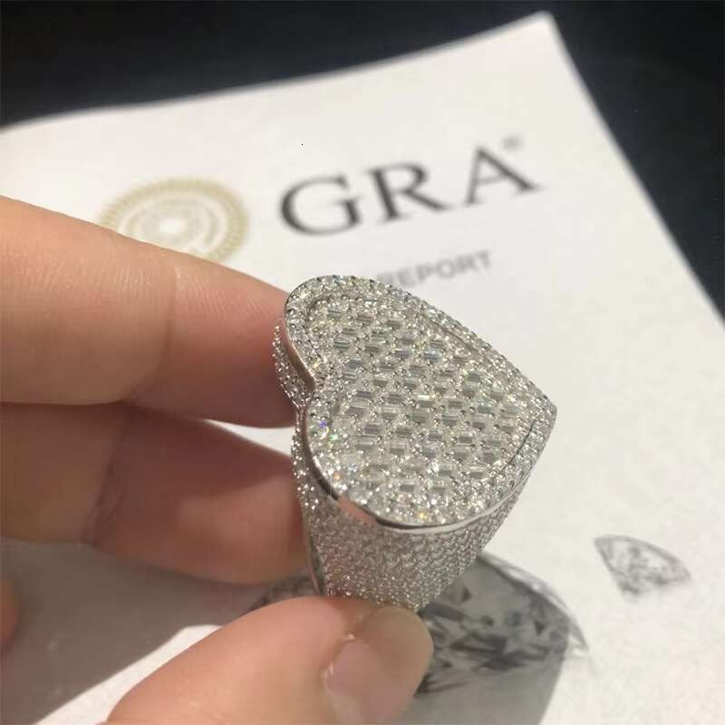Fashion Silver Full Diamond Heart Moissanite Ring Hip Hop Couple Rings