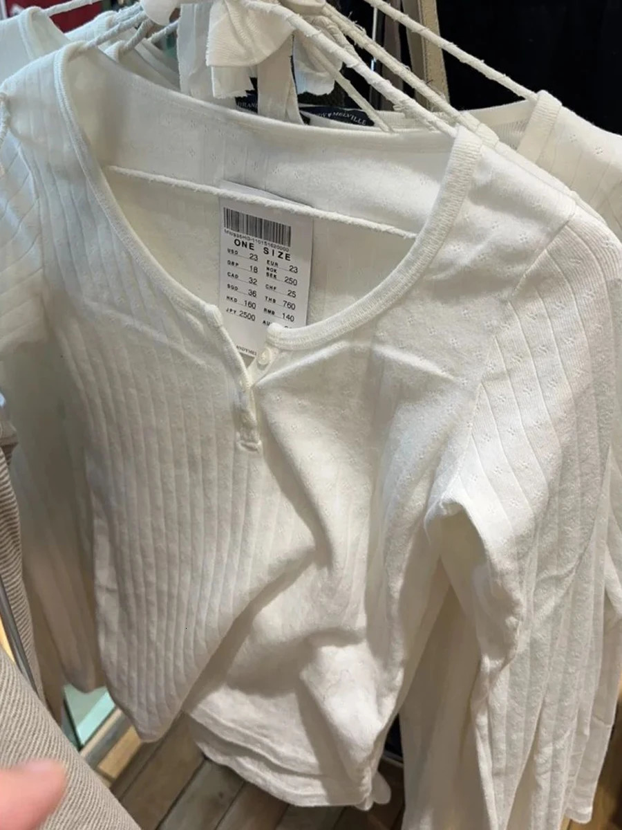 Eyelet Buttons White Long Sleeve T-shirt Set Womens Ultra Thin T-shirtElastic Straight Sweater Cotton Home Sleepwear 2-piece Set 250409