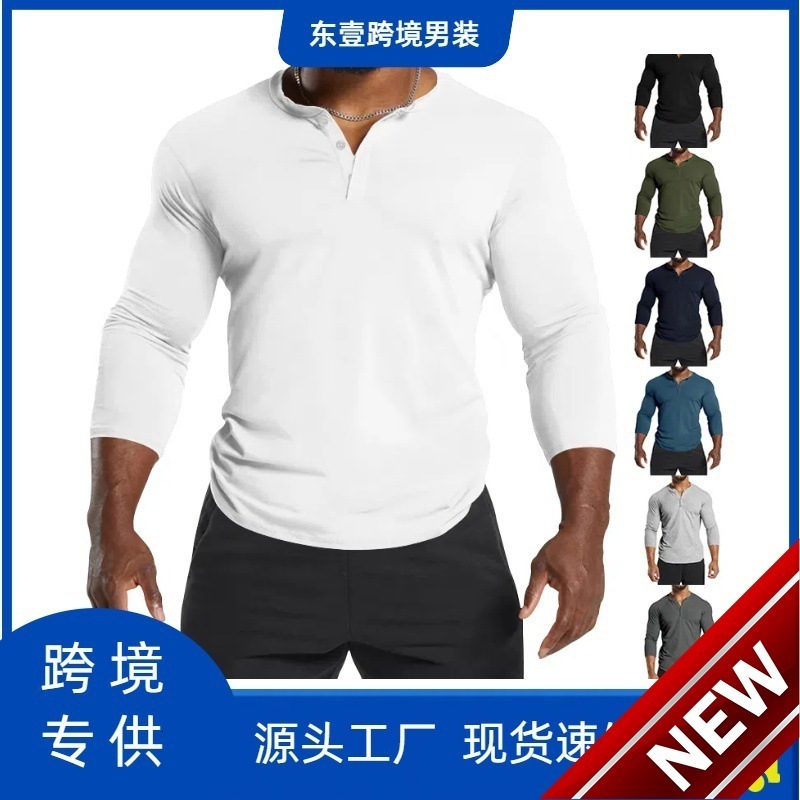 2025 Spring and Autumn Mens Long sleeved T-shirt Mens Sports Fitness Mens Henley Shirt