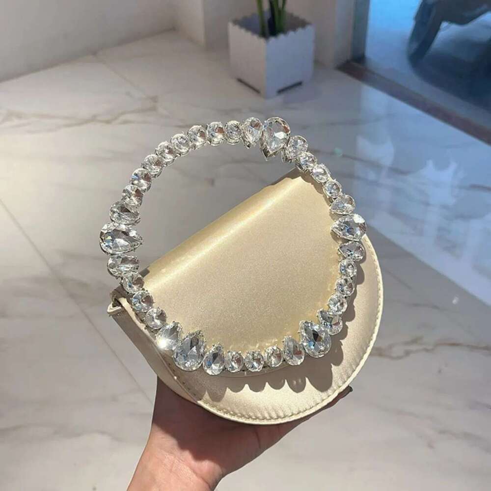 Women's Teardrop Saddle Satin Evening Purse, Crystal-Embellished Chain Strap Shoulder Bag Chic E Party Clutch