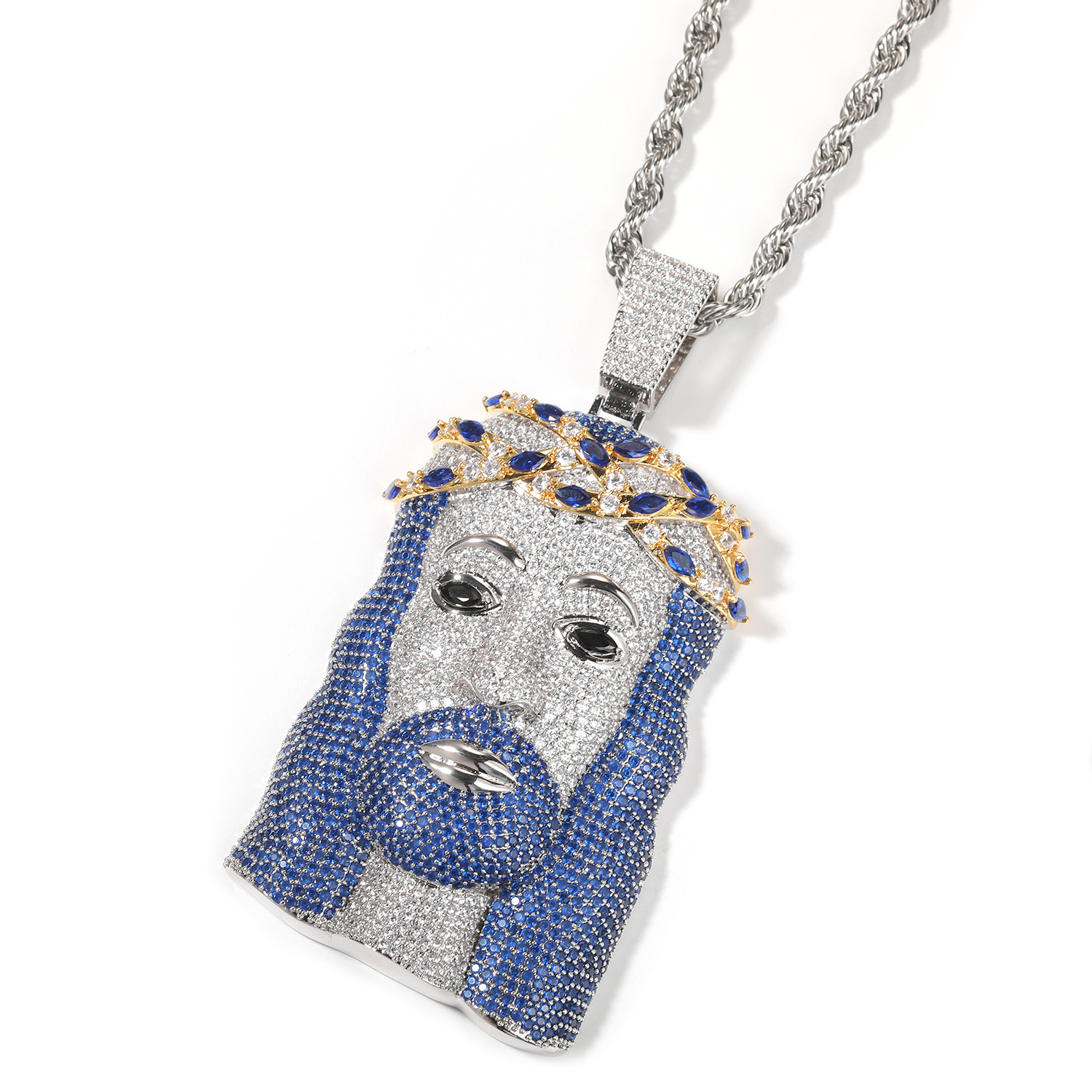 Hip Hop Jesus Face Pendant Necklace Blue 5A Zircons White Gold Plated Religion Jewelry